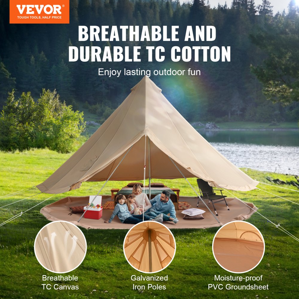VEVOR Canvas Bell Tent, 4 Seasons 3 m/9.8ft Yurt Tent, Canvas Tent for Camping with Stove Jack, Breathable Tent Holds up to 4 People, Family Camping Outdoor Hunting Party 