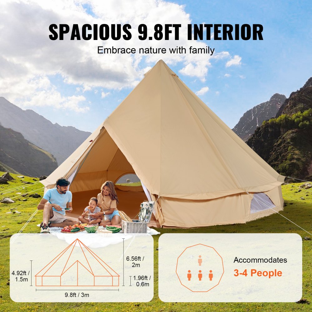 VEVOR Canvas Bell Tent, 4 Seasons 3 m/9.8ft Yurt Tent, Canvas Tent for Camping with Stove Jack, Breathable Tent Holds up to 4 People, Family Camping Outdoor Hunting Party 