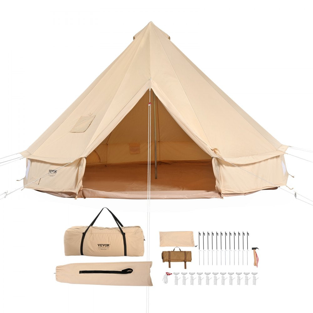 VEVOR Canvas Bell Tent, 4 Seasons 4 m/13.12 ft Yurt Tent, Canvas Tent for Camping with Stove Jack, Breathable Tent Holds up to 6 People, Family Camping Outdoor Hunting Party 