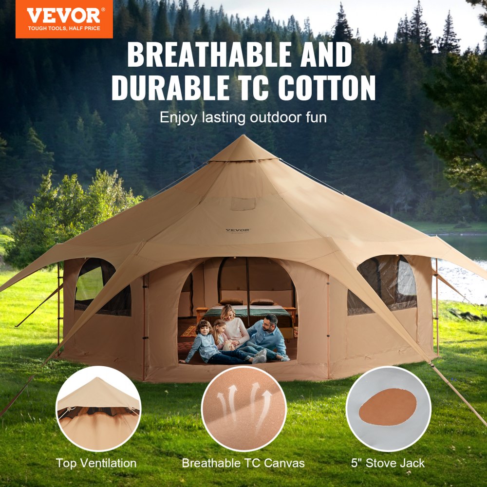 VEVOR Canvas Tent, 4 Seasons 5 m/16.4 ft Bell Tent, Canvas Tent for Camping with Stove Jack, Breathable Yurt Tent for up to 8 People, Family Camping Outdoor Hunting Party 