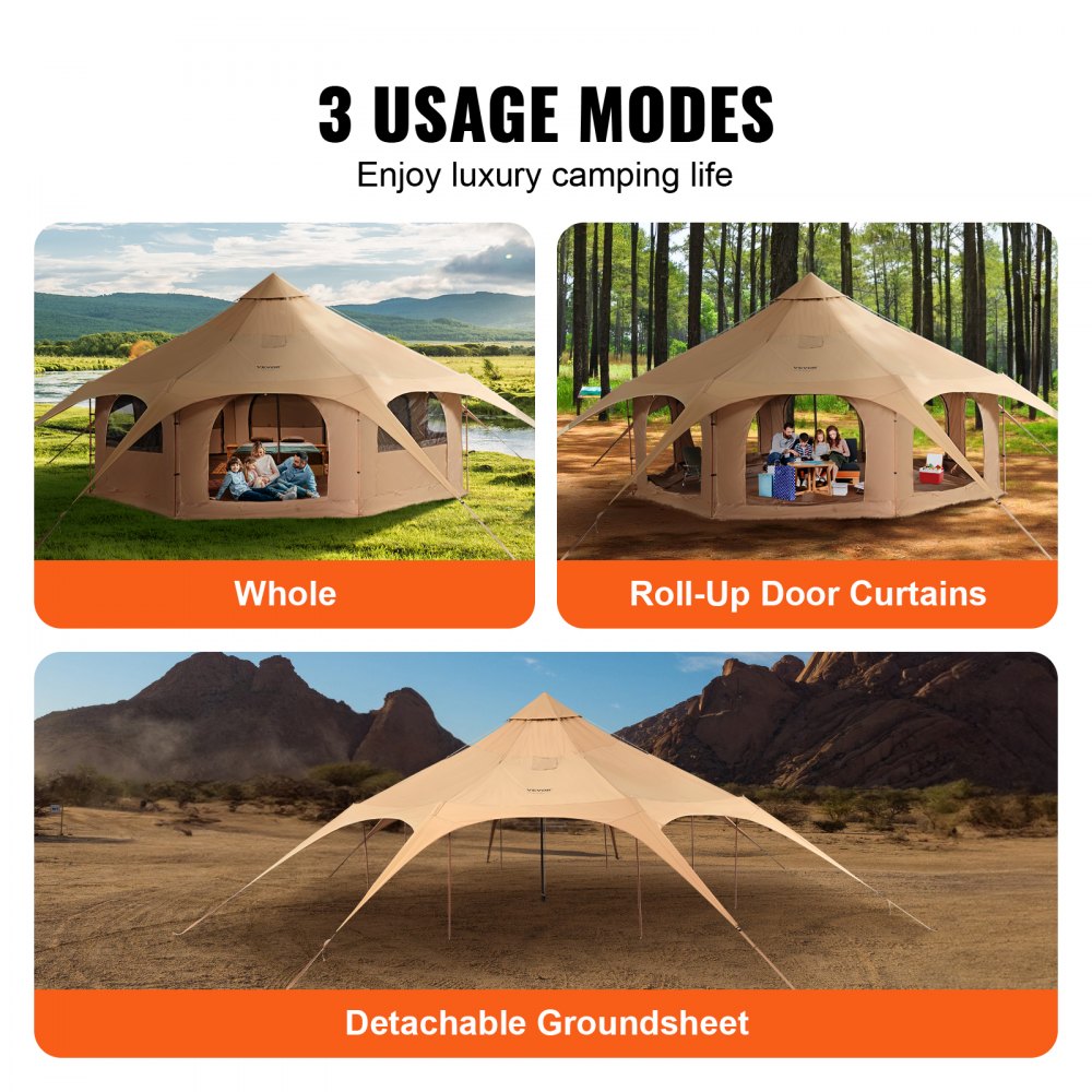 VEVOR Canvas Tent, 4 Seasons 5 m/16.4 ft Bell Tent, Canvas Tent for Camping with Stove Jack, Breathable Yurt Tent for up to 8 People, Family Camping Outdoor Hunting Party 