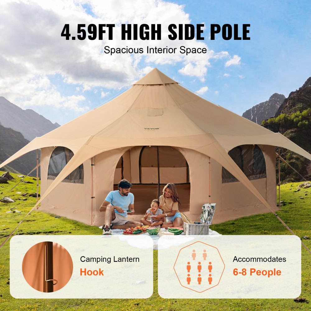 VEVOR Canvas Tent, 4 Seasons 5 m/16.4 ft Bell Tent, Canvas Tent for Camping with Stove Jack, Breathable Yurt Tent for up to 8 People, Family Camping Outdoor Hunting Party 