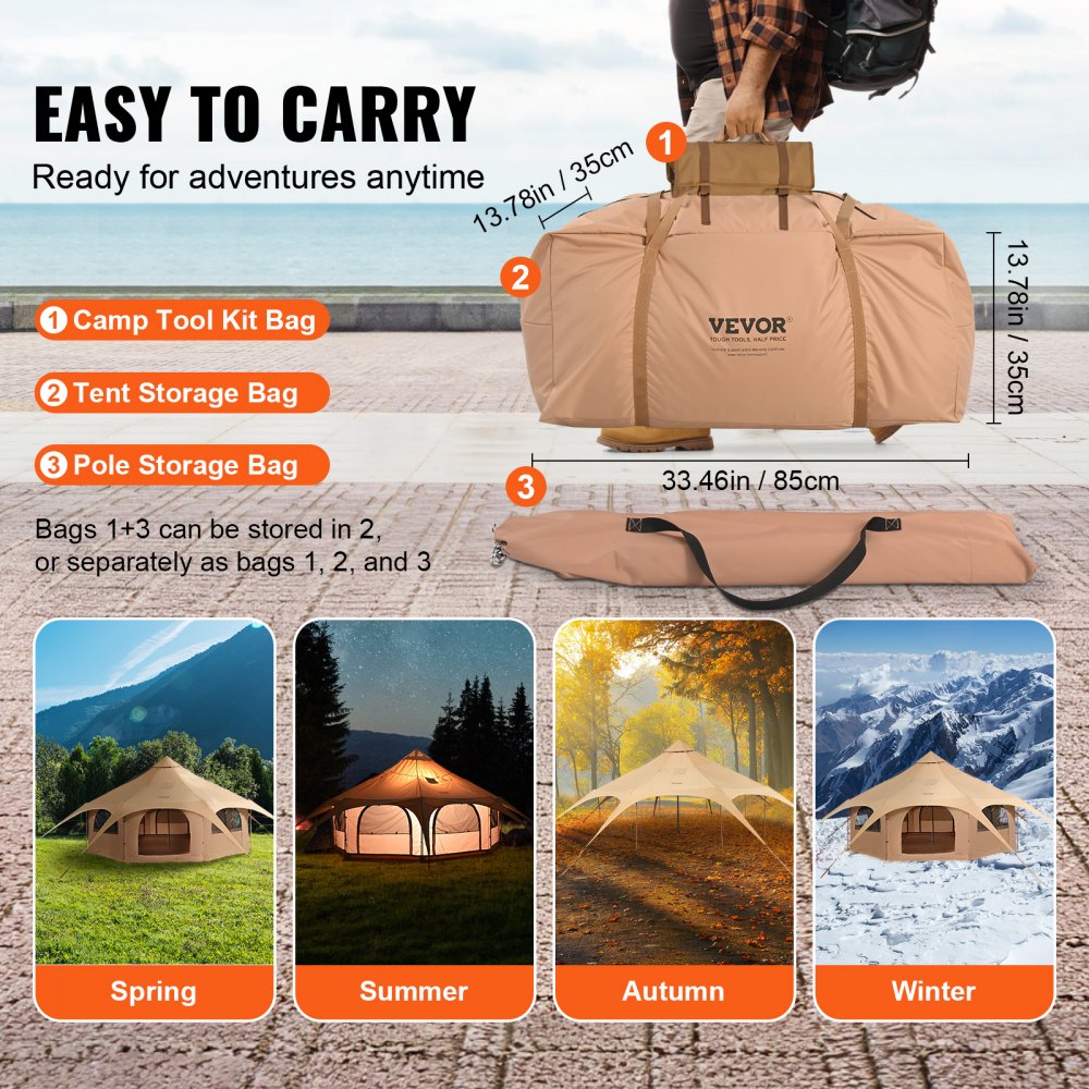 VEVOR Canvas Tent, 4 Seasons 5 m/16.4 ft Bell Tent, Canvas Tent for Camping with Stove Jack, Breathable Yurt Tent for up to 8 People, Family Camping Outdoor Hunting Party 