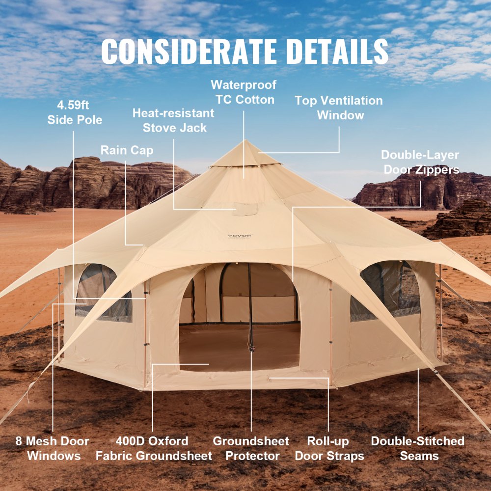 VEVOR Canvas Tent, 4 Seasons 5 m/16.4 ft Bell Tent, Canvas Tent for Camping with Stove Jack, Breathable Yurt Tent for up to 8 People, Family Camping Outdoor Hunting Party 