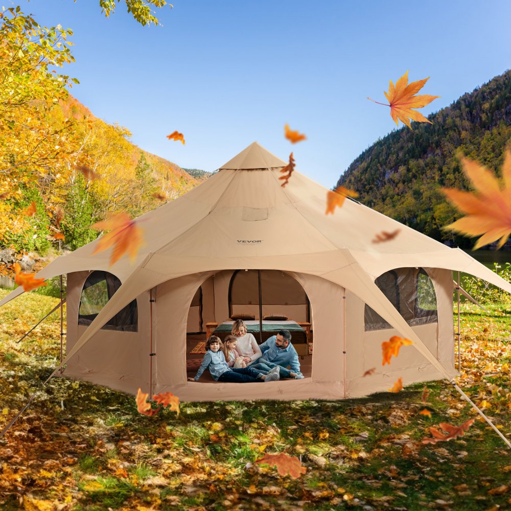 VEVOR Canvas Tent, 4 Seasons 5 m/16.4 ft Bell Tent, Canvas Tent for Camping with Stove Jack, Breathable Yurt Tent for up to 8 People, Family Camping Outdoor Hunting Party 