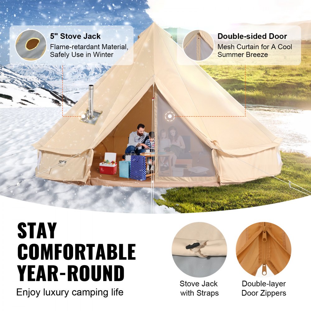 VEVOR Canvas Bell Tent, 4 Seasons 6 m/19.68 ft Yurt Tent, Canvas Tent for Camping with Stove Jack, Breathable Tent Holds up to 10 People, Family Camping Outdoor Hunting Party 
