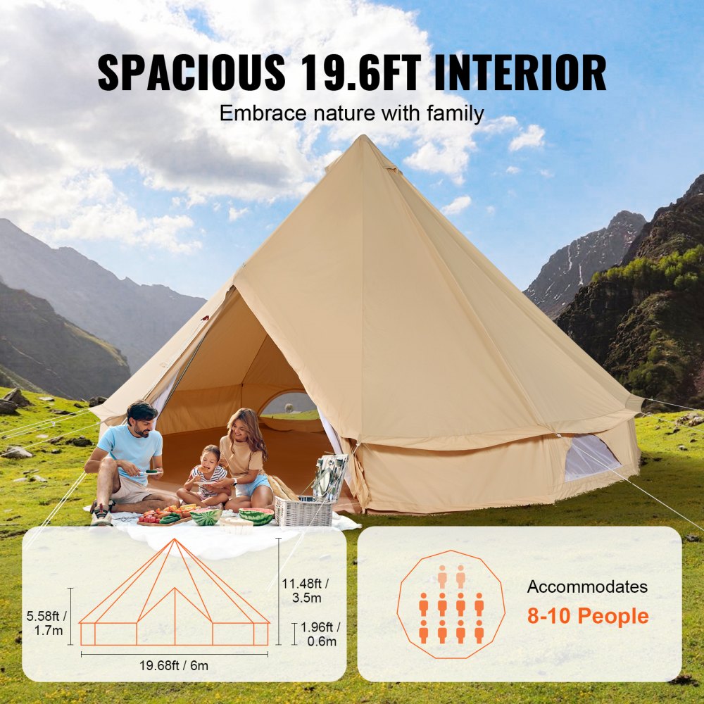 VEVOR Canvas Bell Tent, 4 Seasons 6 m/19.68 ft Yurt Tent, Canvas Tent for Camping with Stove Jack, Breathable Tent Holds up to 10 People, Family Camping Outdoor Hunting Party 
