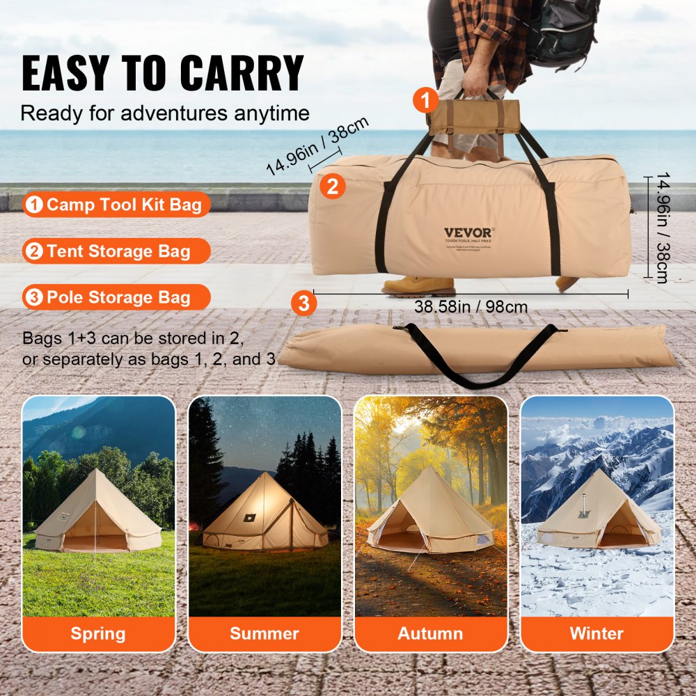 VEVOR Canvas Bell Tent, 4 Seasons 6 m/19.68 ft Yurt Tent, Canvas Tent for Camping with Stove Jack, Breathable Tent Holds up to 10 People, Family Camping Outdoor Hunting Party 
