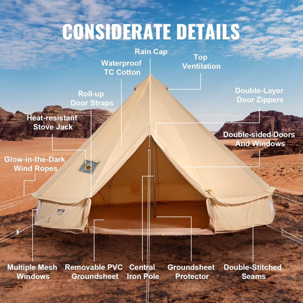 VEVOR Canvas Bell Tent, 4 Seasons 6 m/19.68 ft Yurt Tent, Canvas Tent for Camping with Stove Jack, Breathable Tent Holds up to 10 People, Family Camping Outdoor Hunting Party 