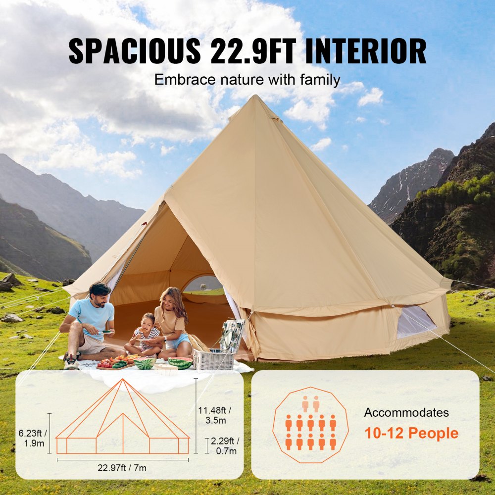 VEVOR Canvas Bell Tent, 4 Seasons 7 m/22.97 ft Yurt Tent, Canvas Tent for Camping with Stove Jack, Breathable Tent Holds up to 12 People, Family Camping Outdoor Hunting Party 