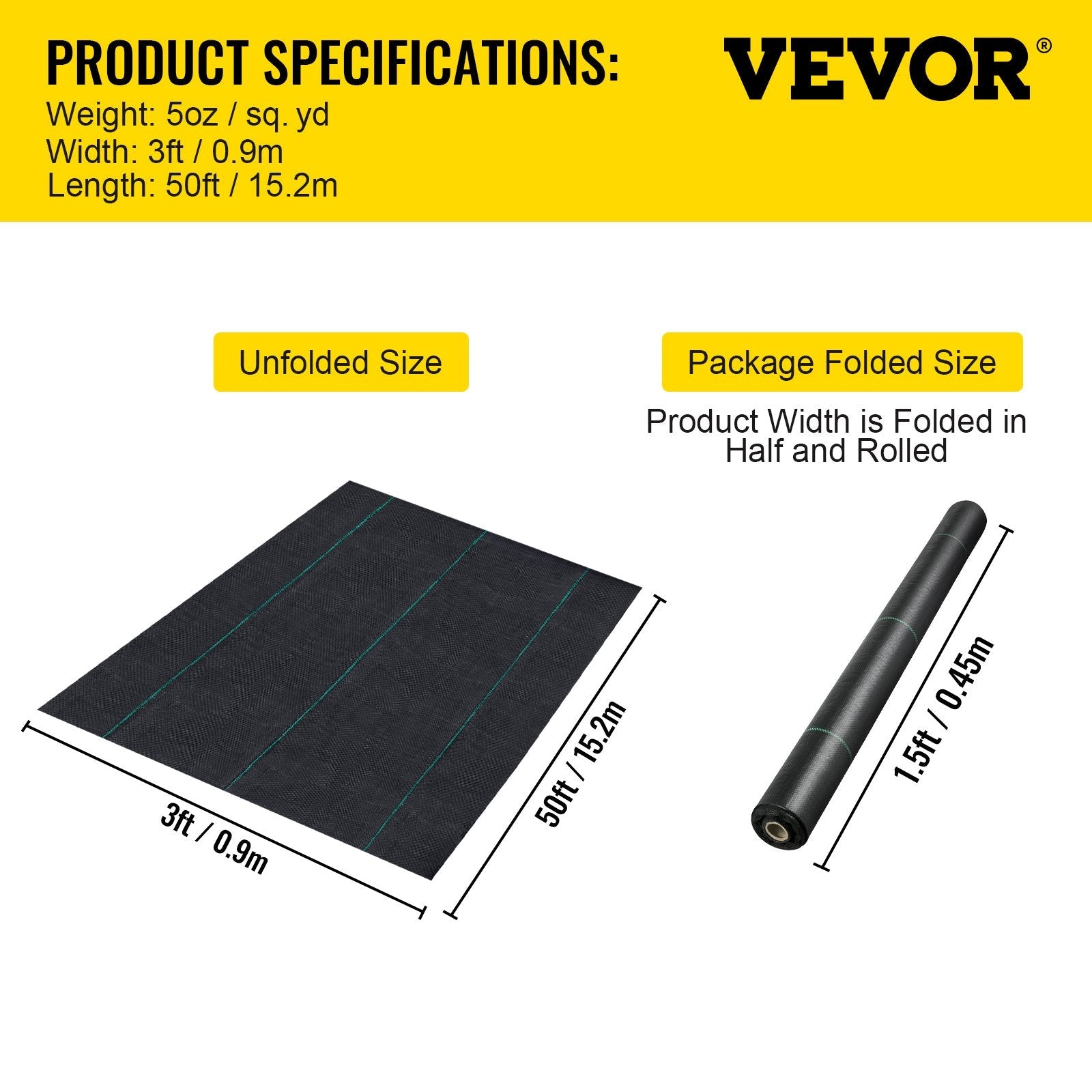 VEVOR 3FTx50FT Premium Weed Barrier Fabric Heavy Duty 5OZ, Woven Weed Control Fabric, High Permeability Good for Flower Bed, Geotextile Fabric for Underlayment, Polyethylene Ground Cover 