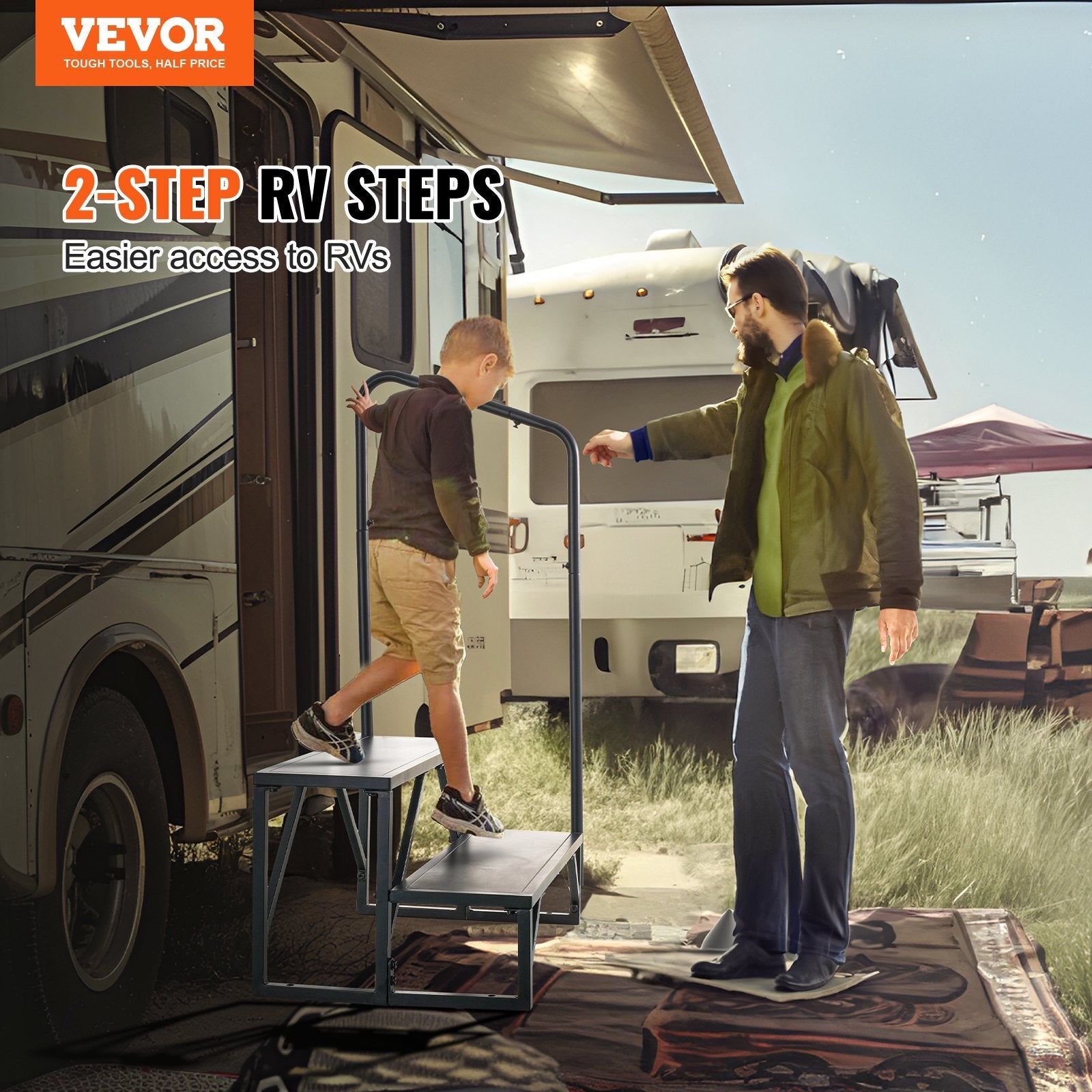 VEVOR RV Steps, 2-Step RV Stairs, 440 LBS Load Capacity, Thickened Carbon Steel, With Handrail, Non-Slip Steps for Safe Entry and Exit, Suit for RV, Trailer, Camper Steps 