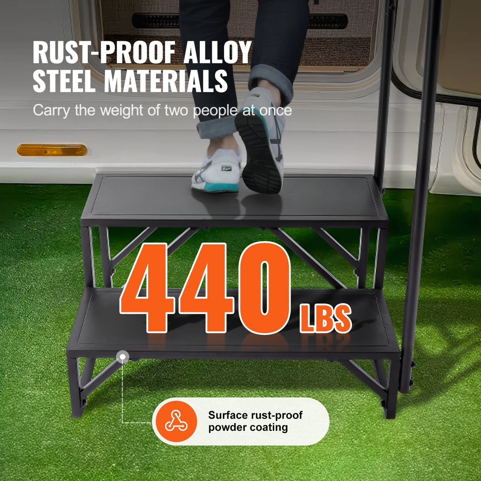 VEVOR RV Steps, 2-Step RV Stairs, 440 LBS Load Capacity, Thickened Carbon Steel, With Handrail, Non-Slip Steps for Safe Entry and Exit, Suit for RV, Trailer, Camper Steps 