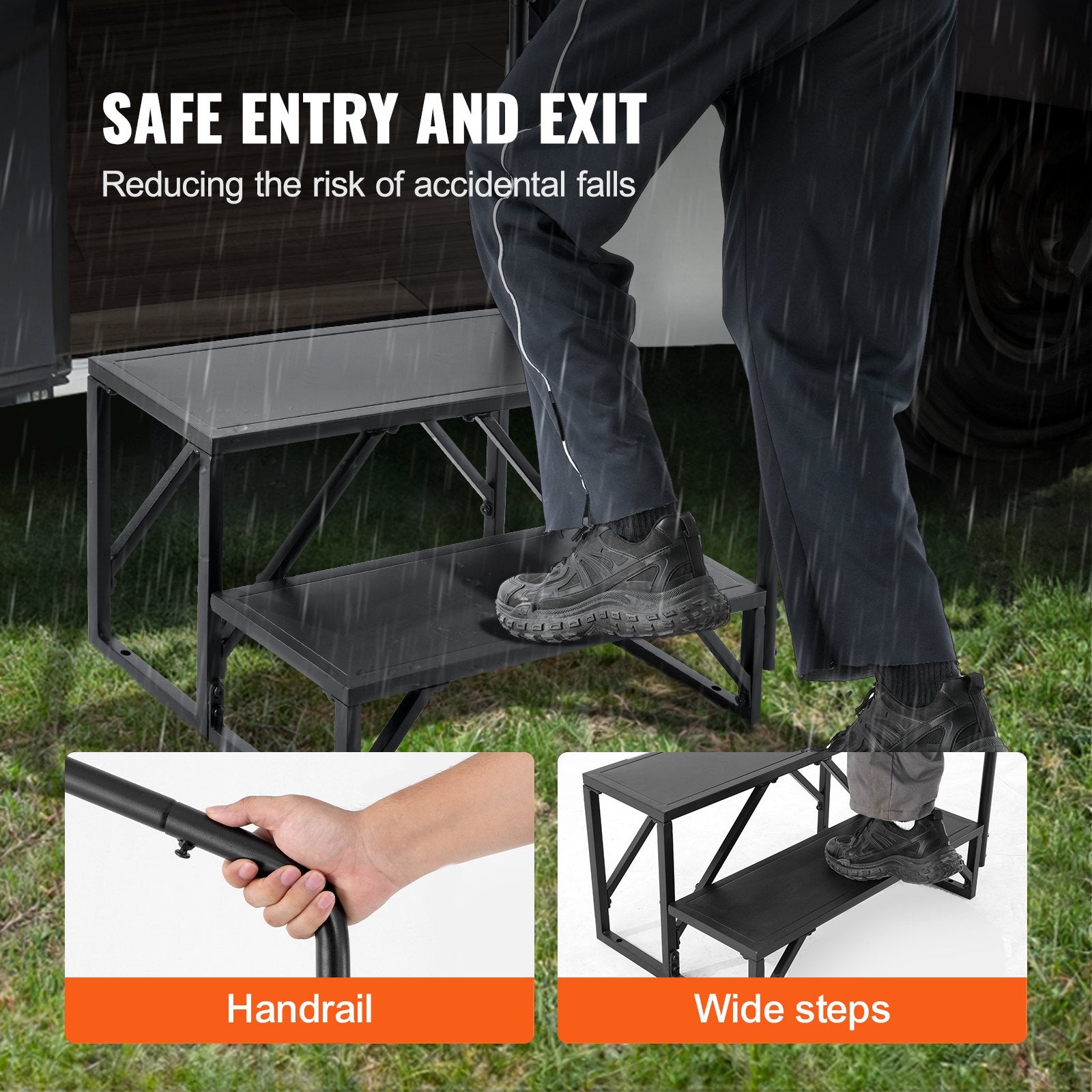 VEVOR RV Steps, 2-Step RV Stairs, 440 LBS Load Capacity, Thickened Carbon Steel, With Handrail, Non-Slip Steps for Safe Entry and Exit, Suit for RV, Trailer, Camper Steps 