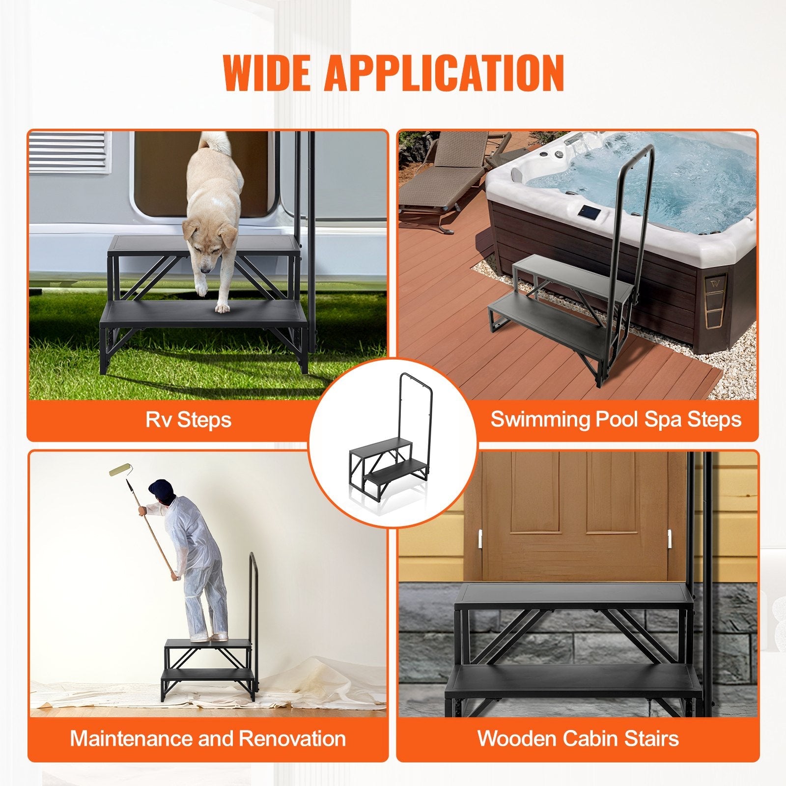 VEVOR RV Steps, 2-Step RV Stairs, 440 LBS Load Capacity, Thickened Carbon Steel, With Handrail, Non-Slip Steps for Safe Entry and Exit, Suit for RV, Trailer, Camper Steps 