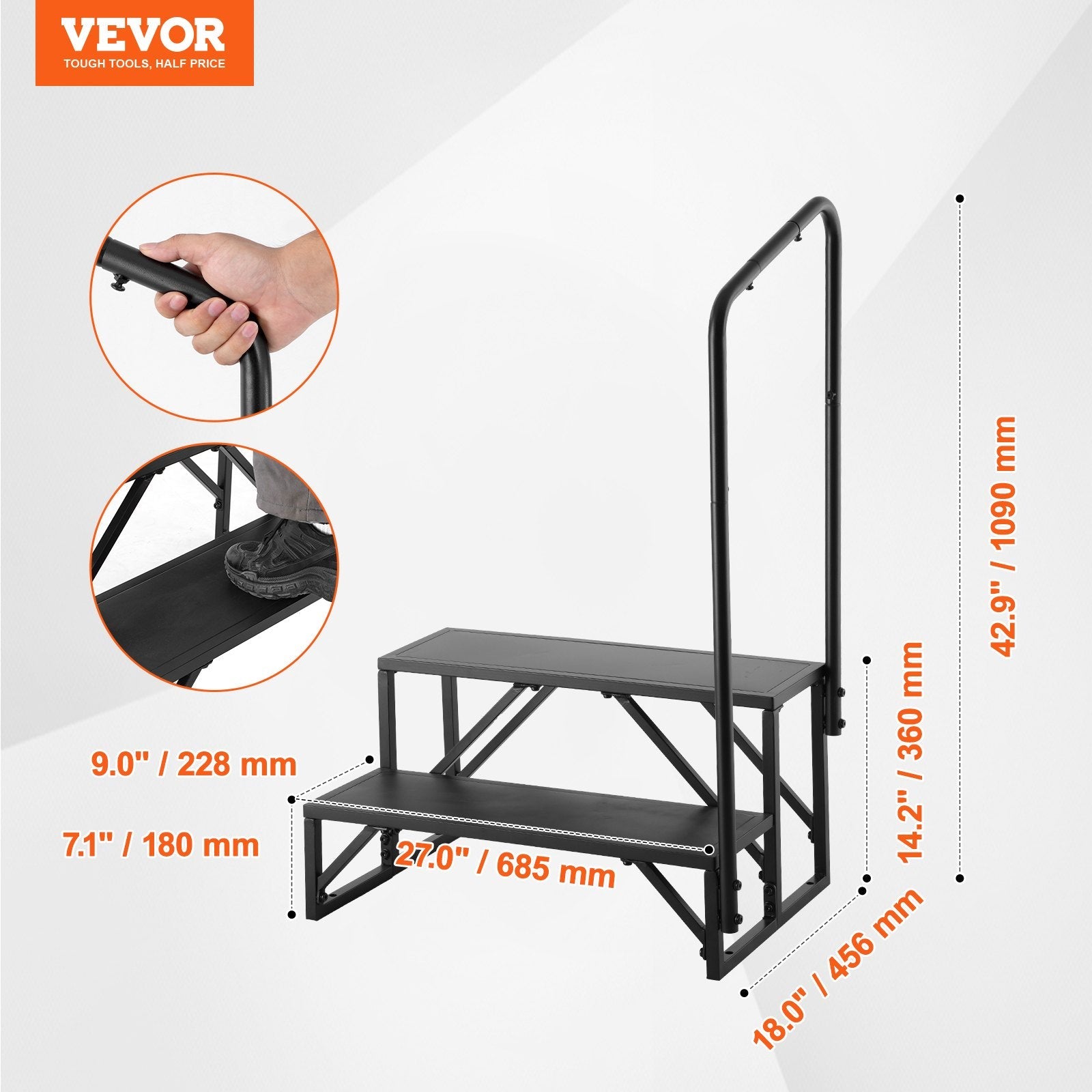 VEVOR RV Steps, 2-Step RV Stairs, 440 LBS Load Capacity, Thickened Carbon Steel, With Handrail, Non-Slip Steps for Safe Entry and Exit, Suit for RV, Trailer, Camper Steps 