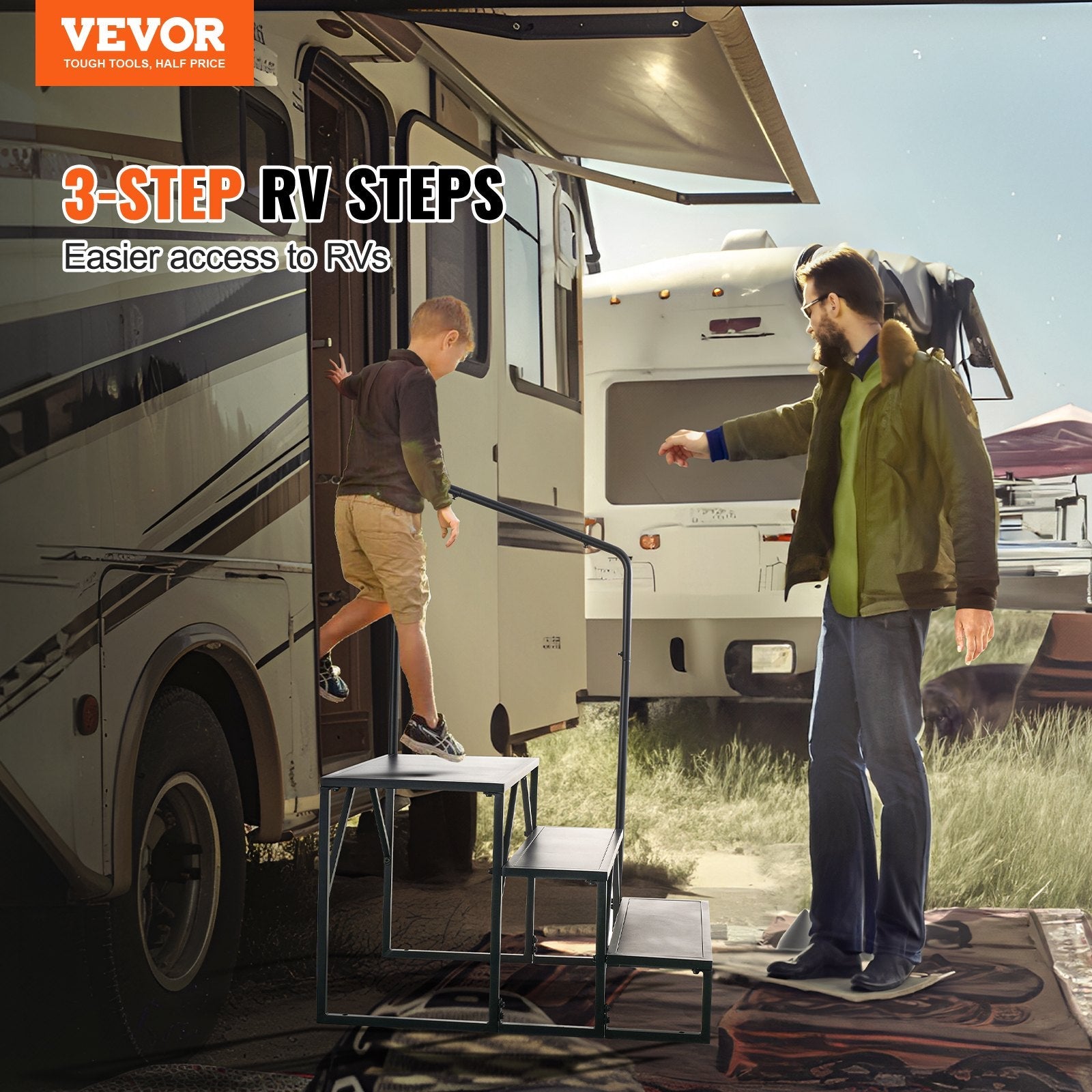 VEVOR RV Steps, 3-Step RV Stairs, 440 LBS Load Capacity, Thickened Carbon Steel, With Handrail, Non-Slip Steps for Safe Entry and Exit, Suit for RV, Trailer, Camper Steps 