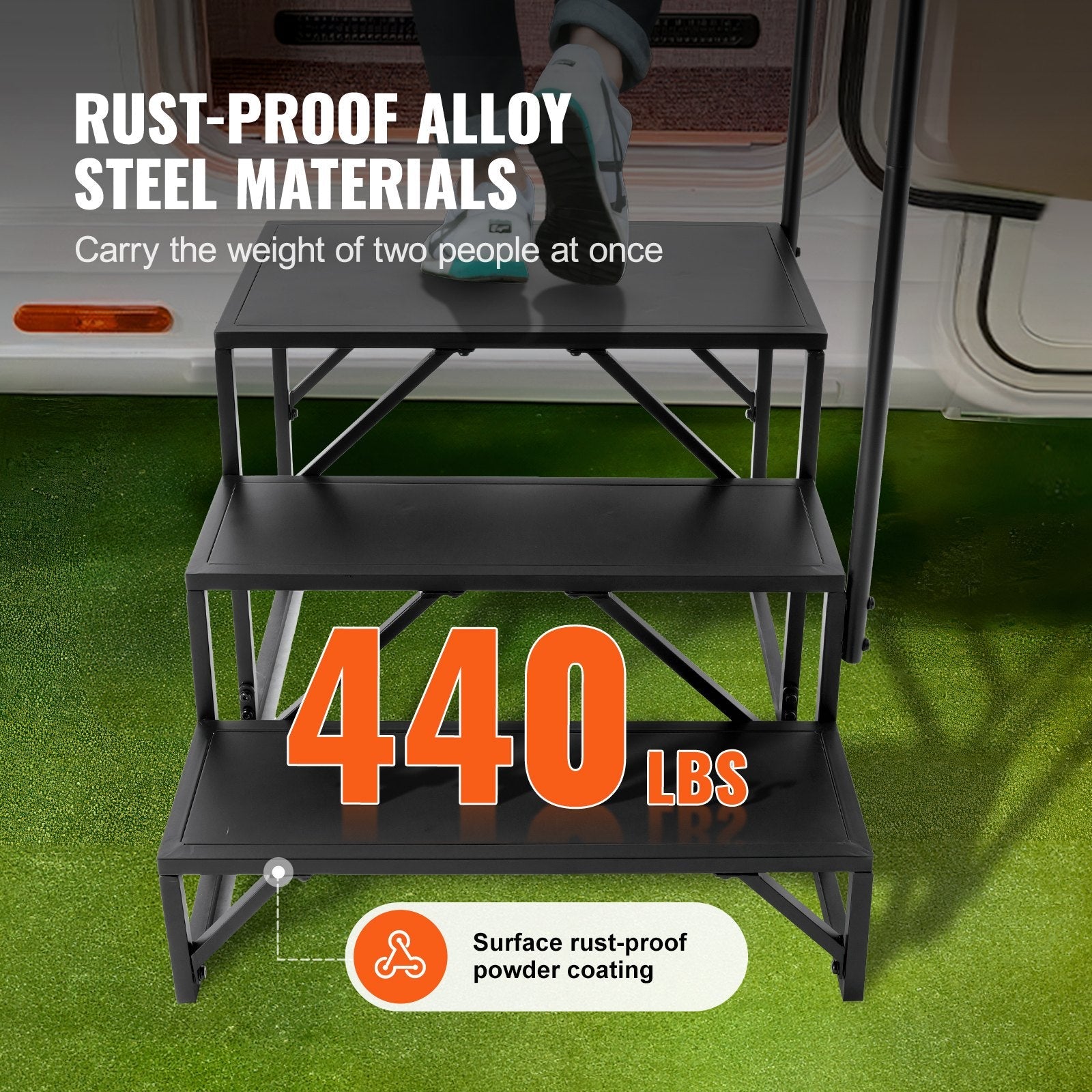 VEVOR RV Steps, 3-Step RV Stairs, 440 LBS Load Capacity, Thickened Carbon Steel, With Handrail, Non-Slip Steps for Safe Entry and Exit, Suit for RV, Trailer, Camper Steps 