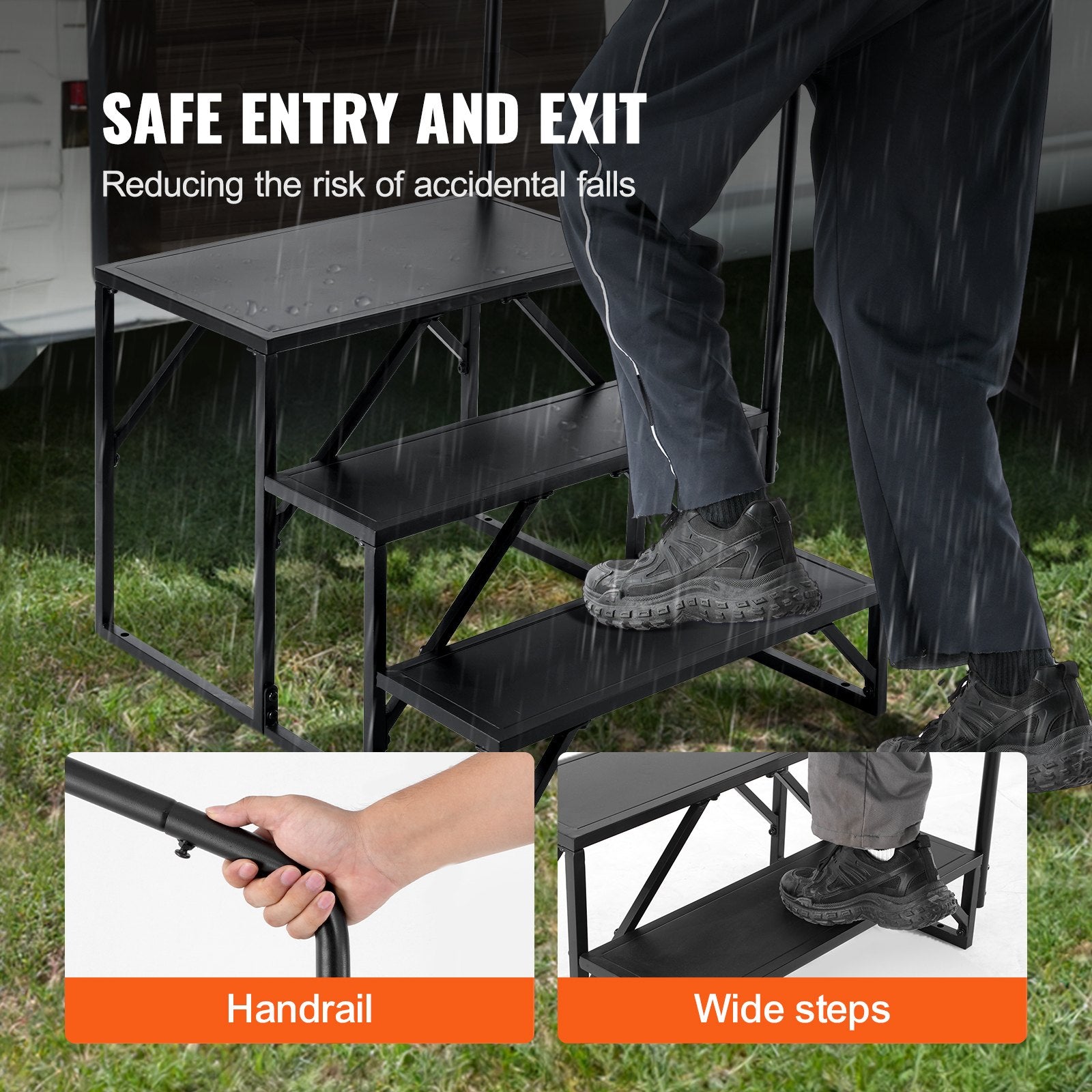 VEVOR RV Steps, 3-Step RV Stairs, 440 LBS Load Capacity, Thickened Carbon Steel, With Handrail, Non-Slip Steps for Safe Entry and Exit, Suit for RV, Trailer, Camper Steps 