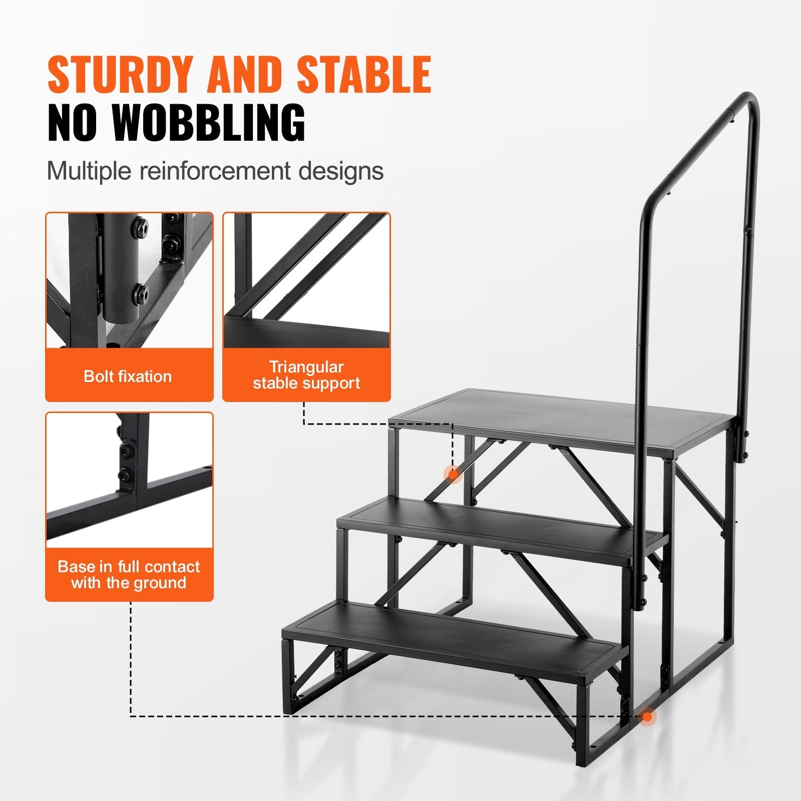 VEVOR RV Steps, 3-Step RV Stairs, 440 LBS Load Capacity, Thickened Carbon Steel, With Handrail, Non-Slip Steps for Safe Entry and Exit, Suit for RV, Trailer, Camper Steps 