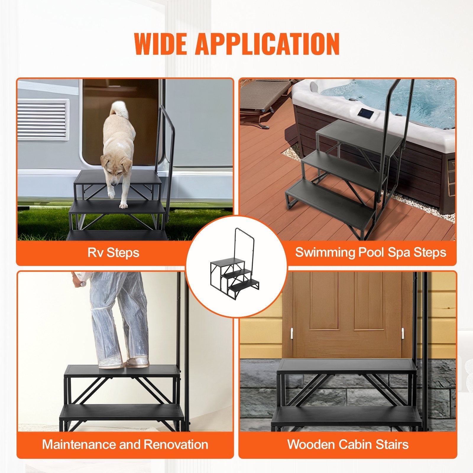 VEVOR RV Steps, 3-Step RV Stairs, 440 LBS Load Capacity, Thickened Carbon Steel, With Handrail, Non-Slip Steps for Safe Entry and Exit, Suit for RV, Trailer, Camper Steps 
