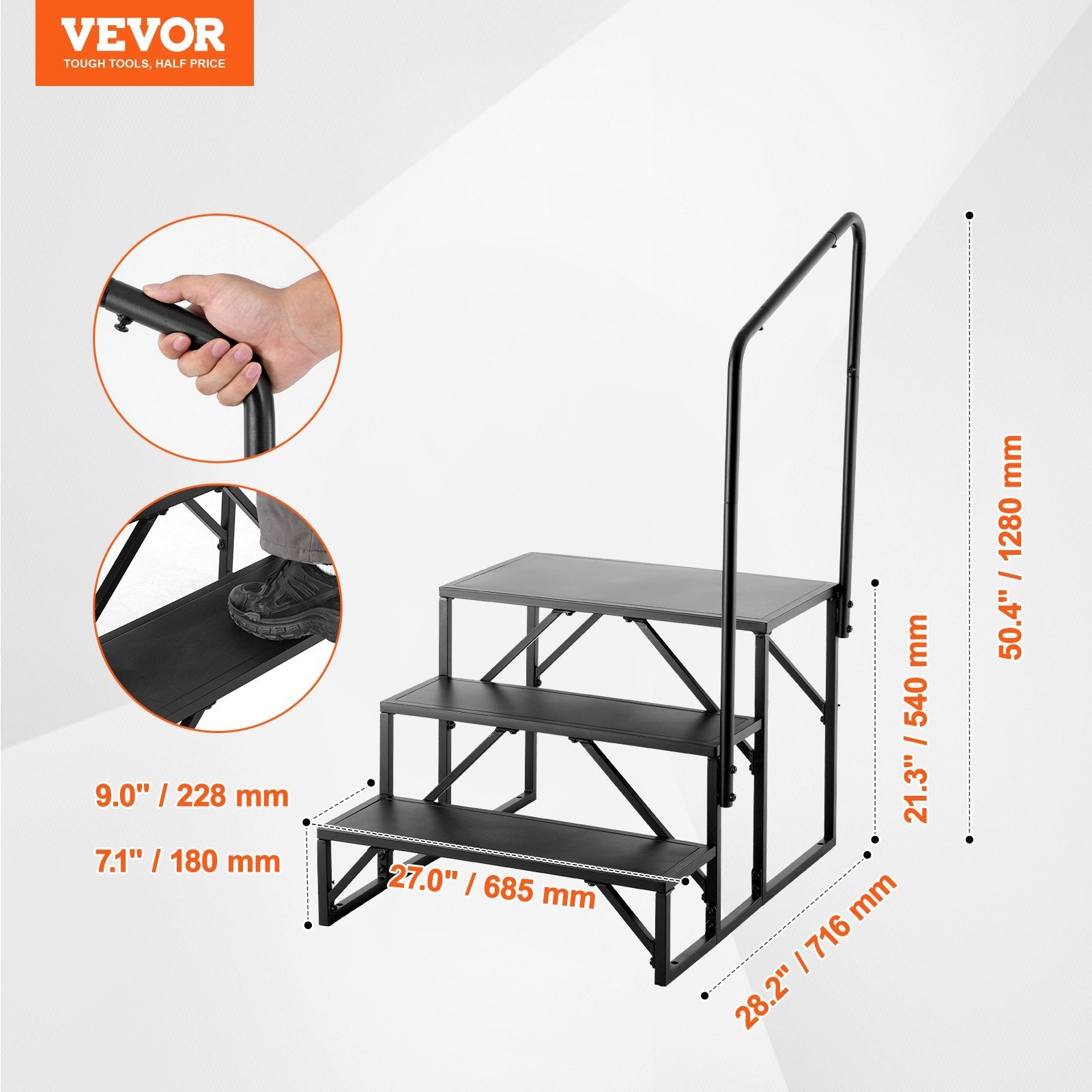 VEVOR RV Steps, 3-Step RV Stairs, 440 LBS Load Capacity, Thickened Carbon Steel, With Handrail, Non-Slip Steps for Safe Entry and Exit, Suit for RV, Trailer, Camper Steps 