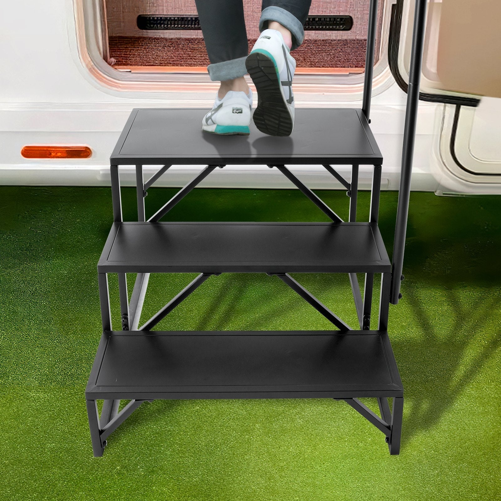 VEVOR RV Steps, 3-Step RV Stairs, 440 LBS Load Capacity, Thickened Carbon Steel, With Handrail, Non-Slip Steps for Safe Entry and Exit, Suit for RV, Trailer, Camper Steps 