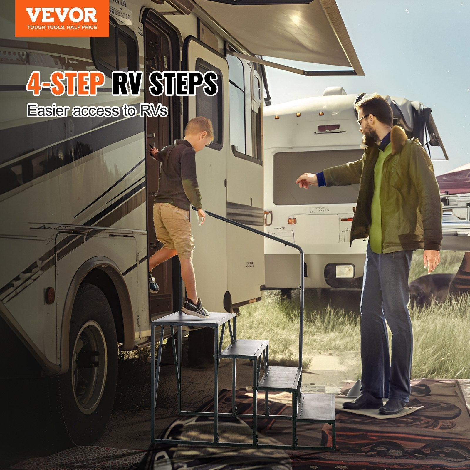 VEVOR RV Steps, 4-Step RV Stairs, 440 LBS Load Capacity, Thickened Carbon Steel, With Handrail, Non-Slip Steps for Safe Entry and Exit, Suit for RV, Trailer, Camper Steps 