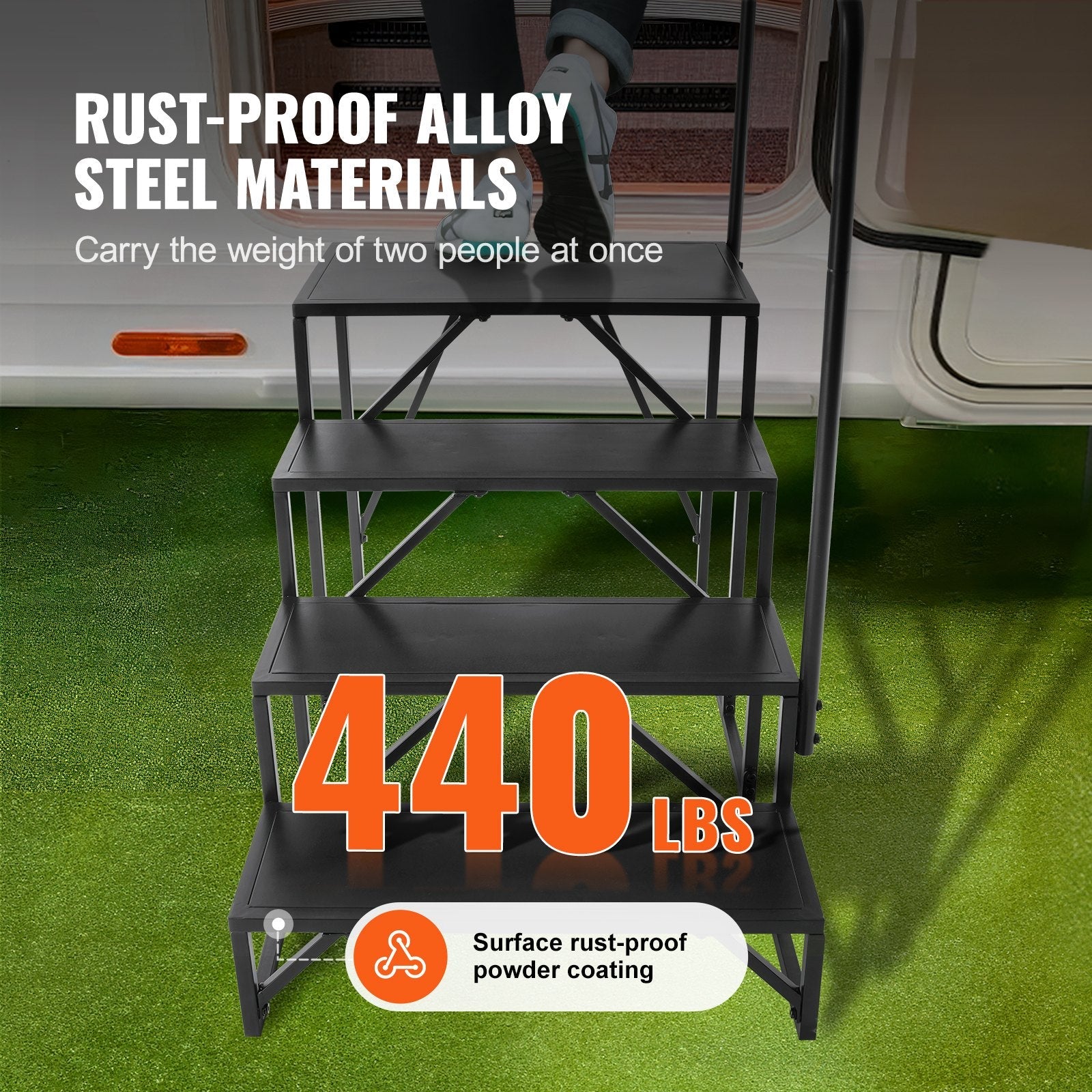 VEVOR RV Steps, 4-Step RV Stairs, 440 LBS Load Capacity, Thickened Carbon Steel, With Handrail, Non-Slip Steps for Safe Entry and Exit, Suit for RV, Trailer, Camper Steps 