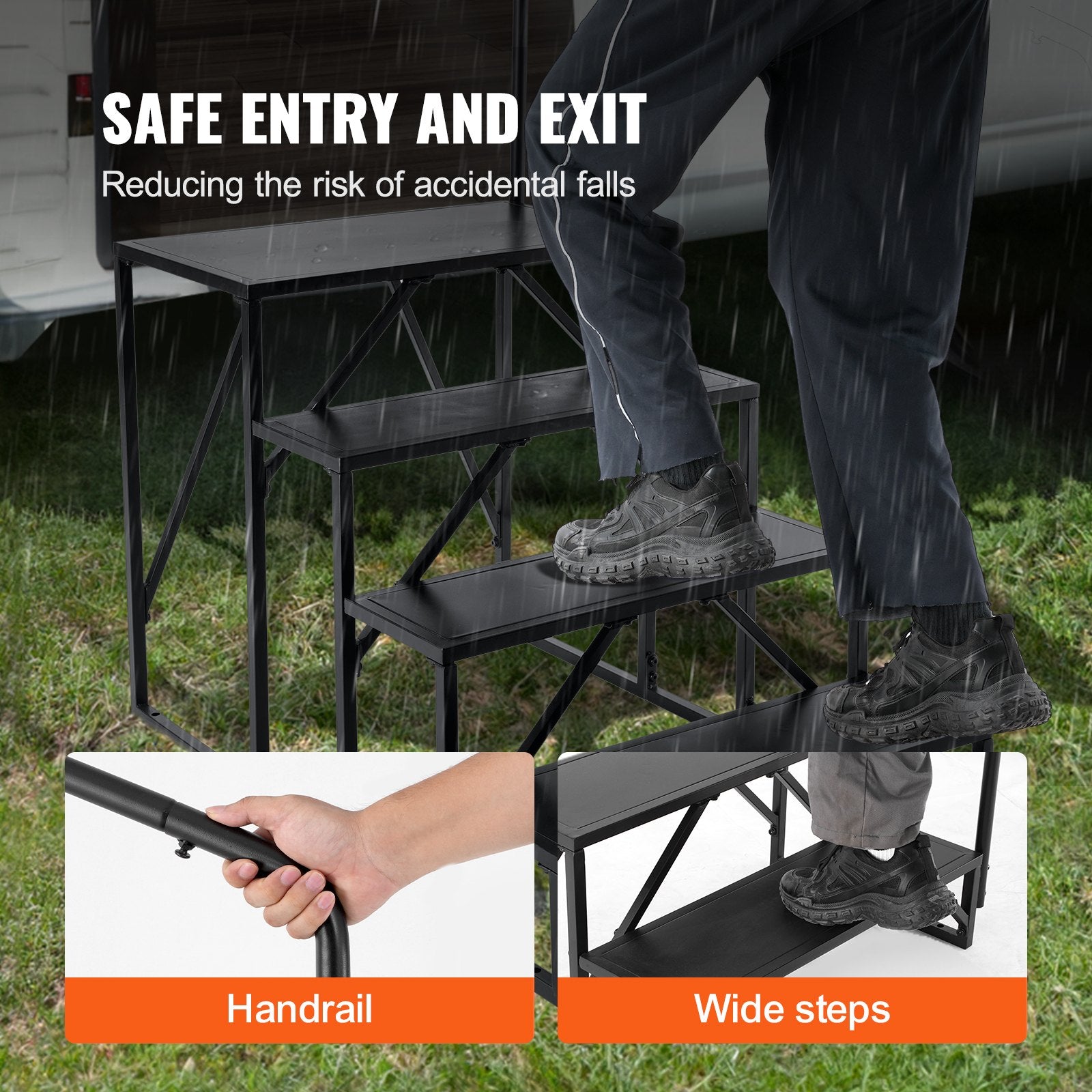 VEVOR RV Steps, 4-Step RV Stairs, 440 LBS Load Capacity, Thickened Carbon Steel, With Handrail, Non-Slip Steps for Safe Entry and Exit, Suit for RV, Trailer, Camper Steps 