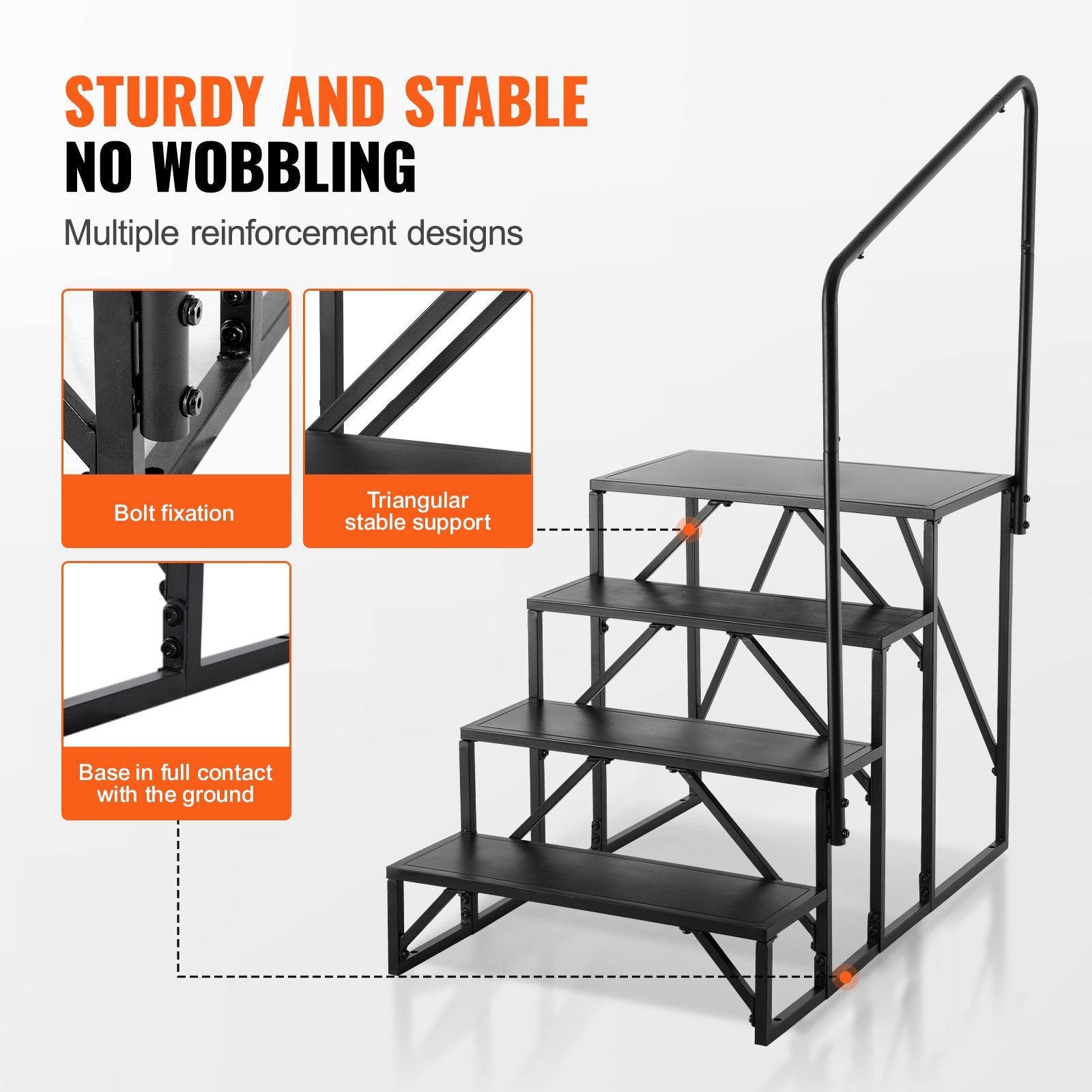 VEVOR RV Steps, 4-Step RV Stairs, 440 LBS Load Capacity, Thickened Carbon Steel, With Handrail, Non-Slip Steps for Safe Entry and Exit, Suit for RV, Trailer, Camper Steps 