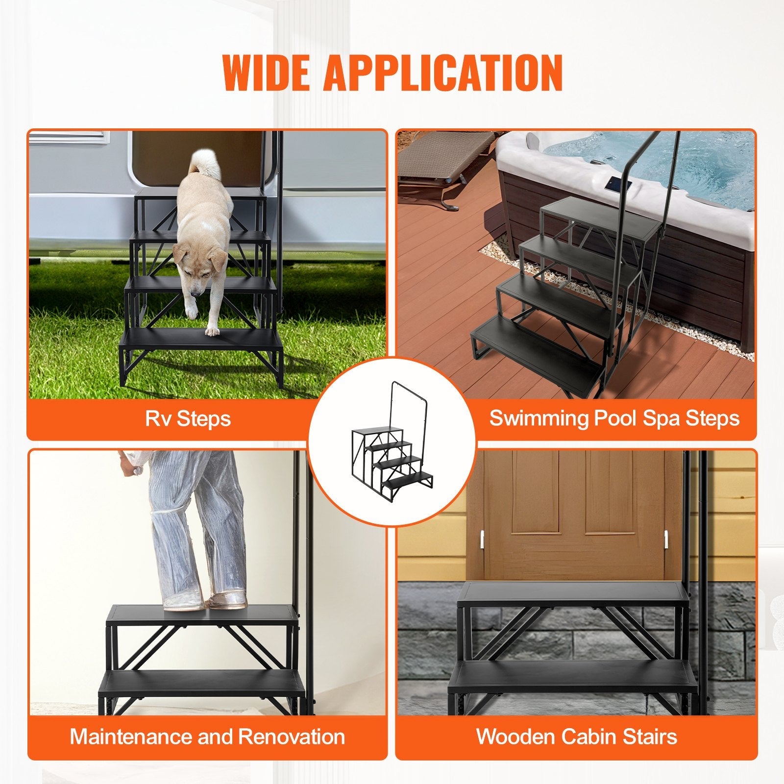 VEVOR RV Steps, 4-Step RV Stairs, 440 LBS Load Capacity, Thickened Carbon Steel, With Handrail, Non-Slip Steps for Safe Entry and Exit, Suit for RV, Trailer, Camper Steps 