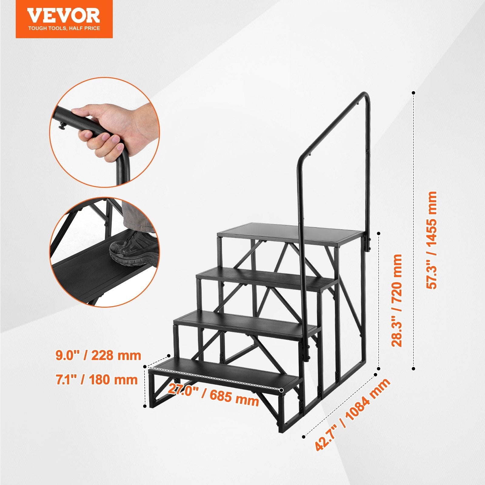 VEVOR RV Steps, 4-Step RV Stairs, 440 LBS Load Capacity, Thickened Carbon Steel, With Handrail, Non-Slip Steps for Safe Entry and Exit, Suit for RV, Trailer, Camper Steps 