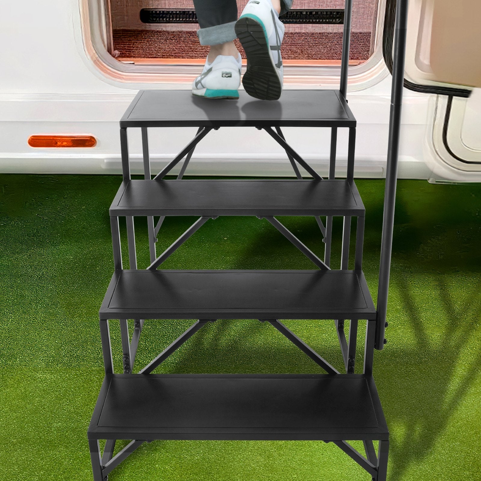 VEVOR RV Steps, 4-Step RV Stairs, 440 LBS Load Capacity, Thickened Carbon Steel, With Handrail, Non-Slip Steps for Safe Entry and Exit, Suit for RV, Trailer, Camper Steps 