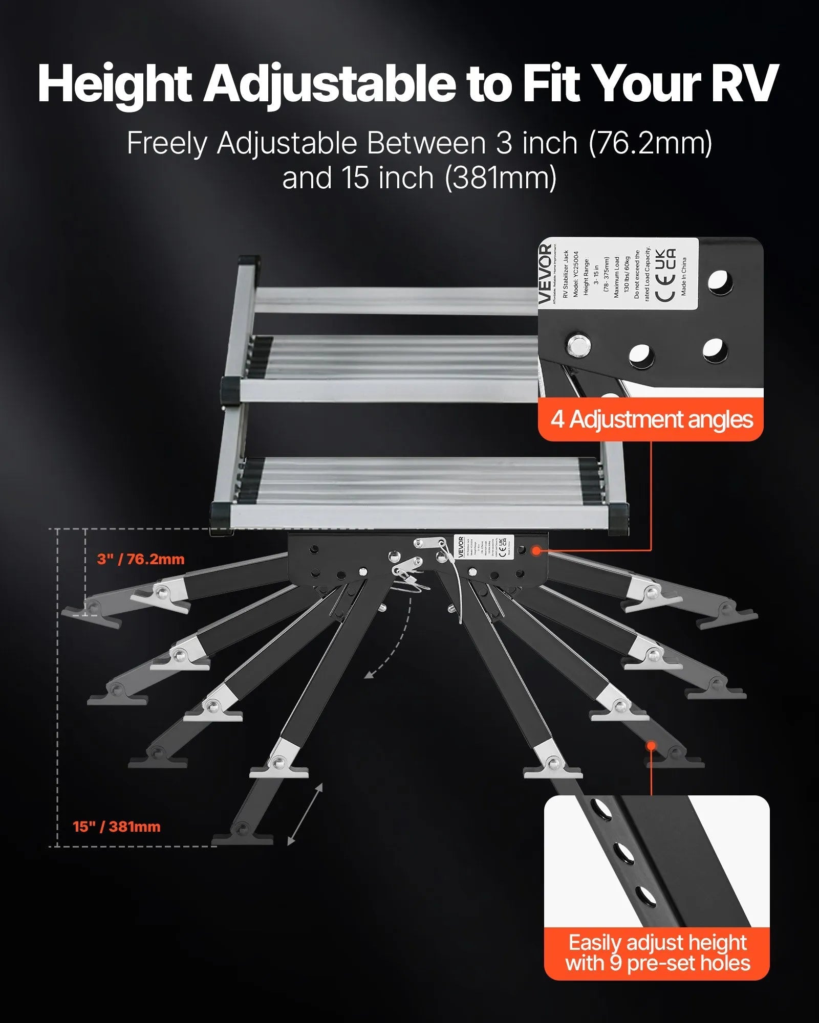 VEVOR RV Step Stabilizer, Height Adjustable Step Stabilizer Kit, Camper Stair Stabilizers with Powder Coated Steel for 5th Wheels, Travel Trailers and Motorhomes, Adjustable from 3 inch to 15 inch 