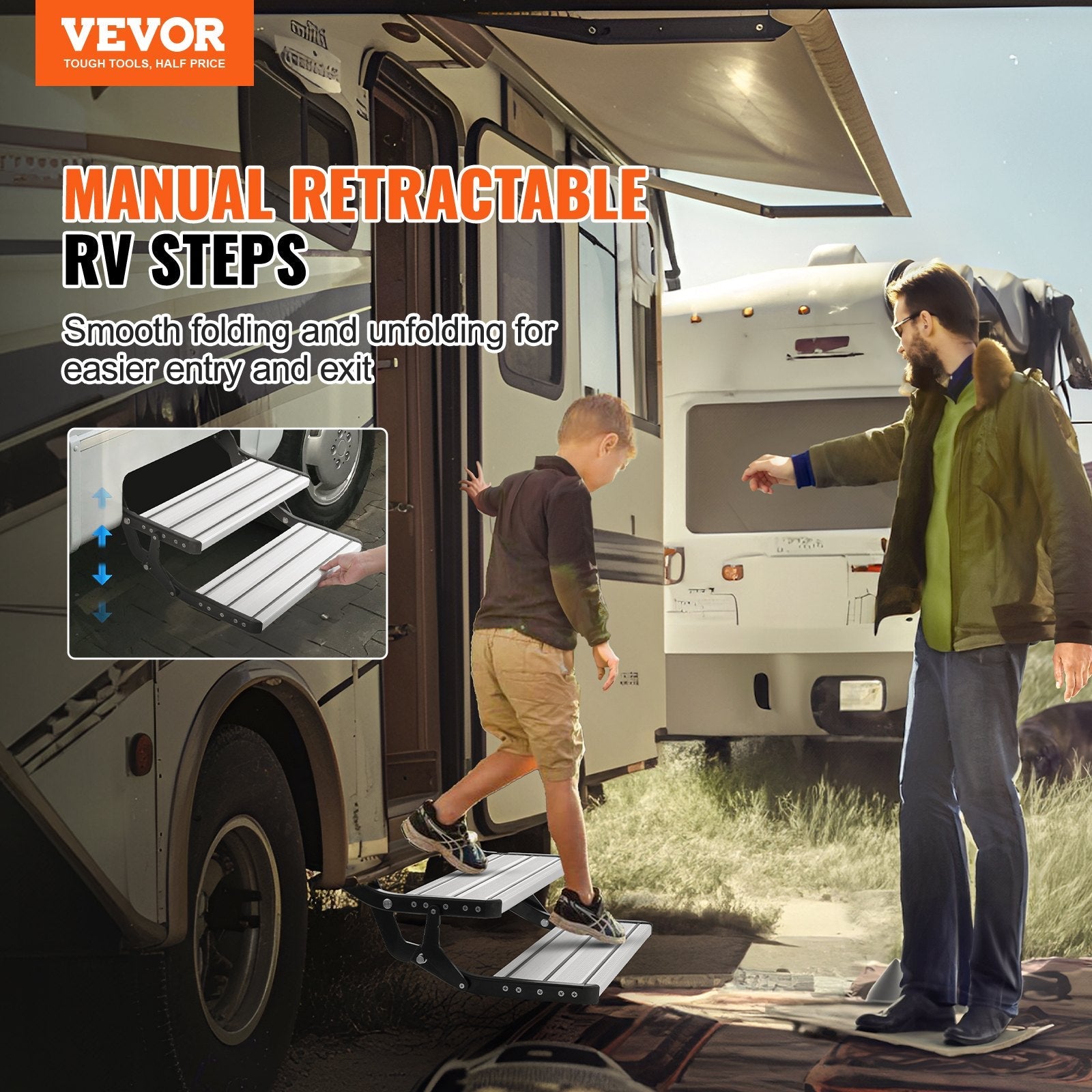 VEVOR RV Steps, 2-Step, Manual Retractable RV Stairs, Foldable, 440 LBS Load Capacity, Aluminum Alloy Steps, Thickened Steel Plate, Non-Slip Steps for Safe Entry and Exit, RV, Trailer, Camper Steps 