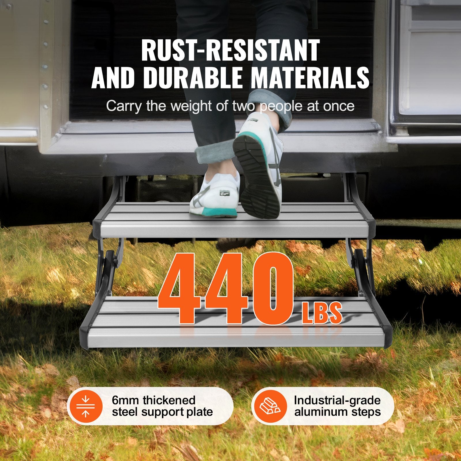 VEVOR RV Steps, 2-Step, Manual Retractable RV Stairs, Foldable, 440 LBS Load Capacity, Aluminum Alloy Steps, Thickened Steel Plate, Non-Slip Steps for Safe Entry and Exit, RV, Trailer, Camper Steps 