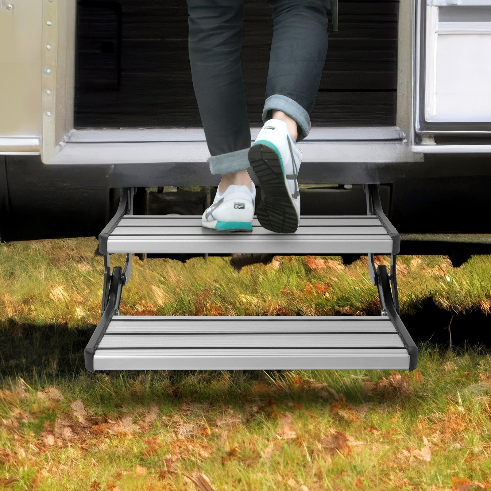 VEVOR RV Steps, 2-Step, Manual Retractable RV Stairs, Foldable, 440 LBS Load Capacity, Aluminum Alloy Steps, Thickened Steel Plate, Non-Slip Steps for Safe Entry and Exit, RV, Trailer, Camper Steps 