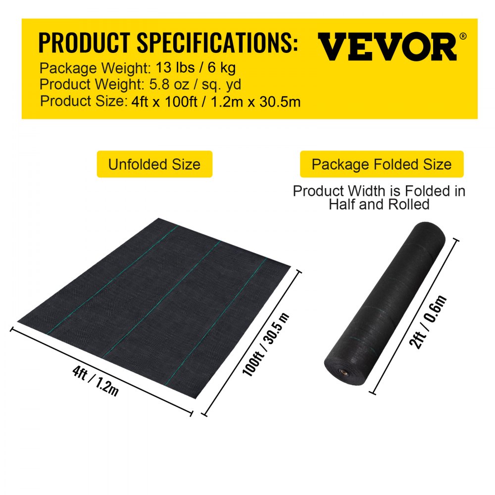 VEVOR Weed Barrier, 5.8oz Landscape Fabric, 4ft x 100ft Garden Ground Cover, Heavy Duty Woven Fabric w/ High Permeability, Superior Weed Control for Greenhouse, Garden, Pavers, Sidewalk, Flowerbed 