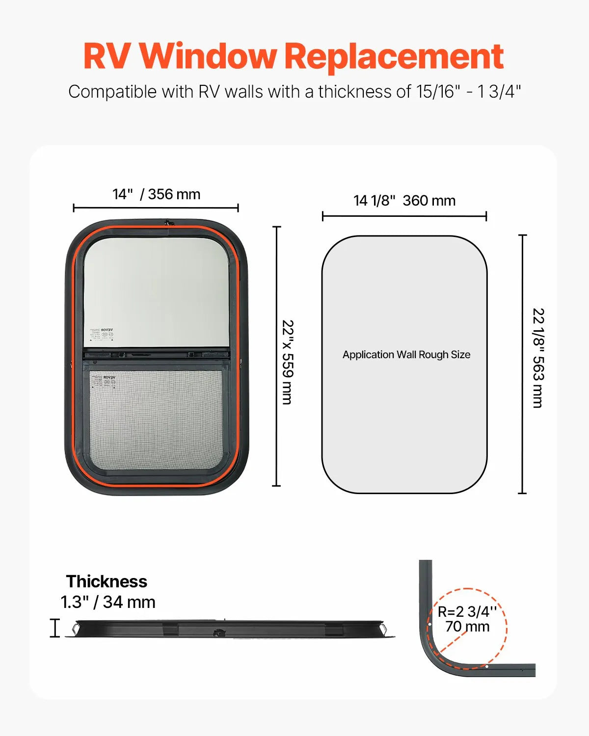 VEVOR Vertical RV Window 14"W x 22"H Tinted Sliding RV Window with Net Screen