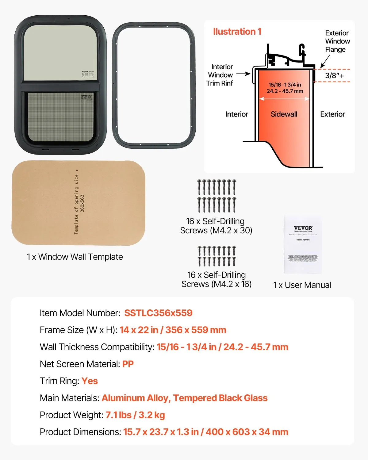 VEVOR Vertical RV Window 14"W x 22"H Tinted Sliding RV Window with Net Screen