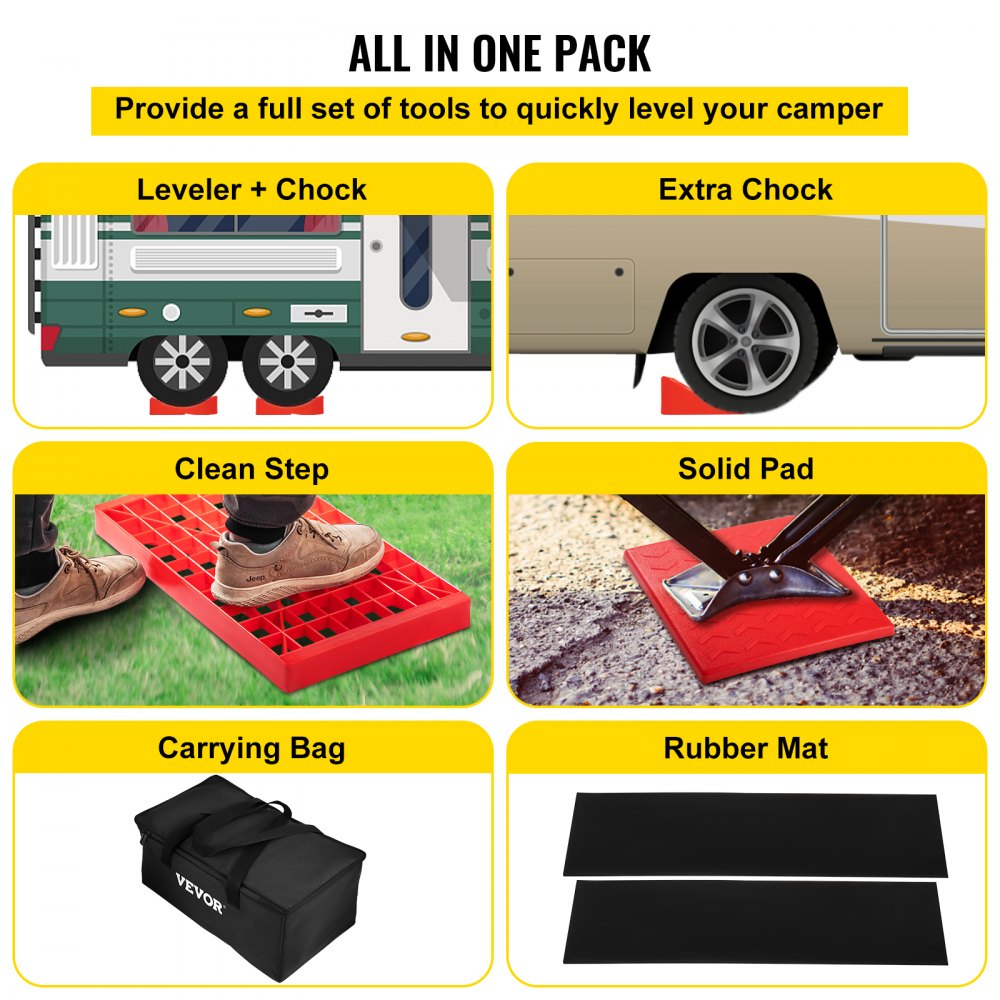 VEVOR Camper Leveler, 14 Pack, HDPE RV Leveling Blocks, Includes Two Curved Levelers, Four Chocks, Four Pads, Two Anti-Slip Mats, One Step & Carry Bag, Heavy Duty Leveler for Camper Up to 35,000 Lbs 