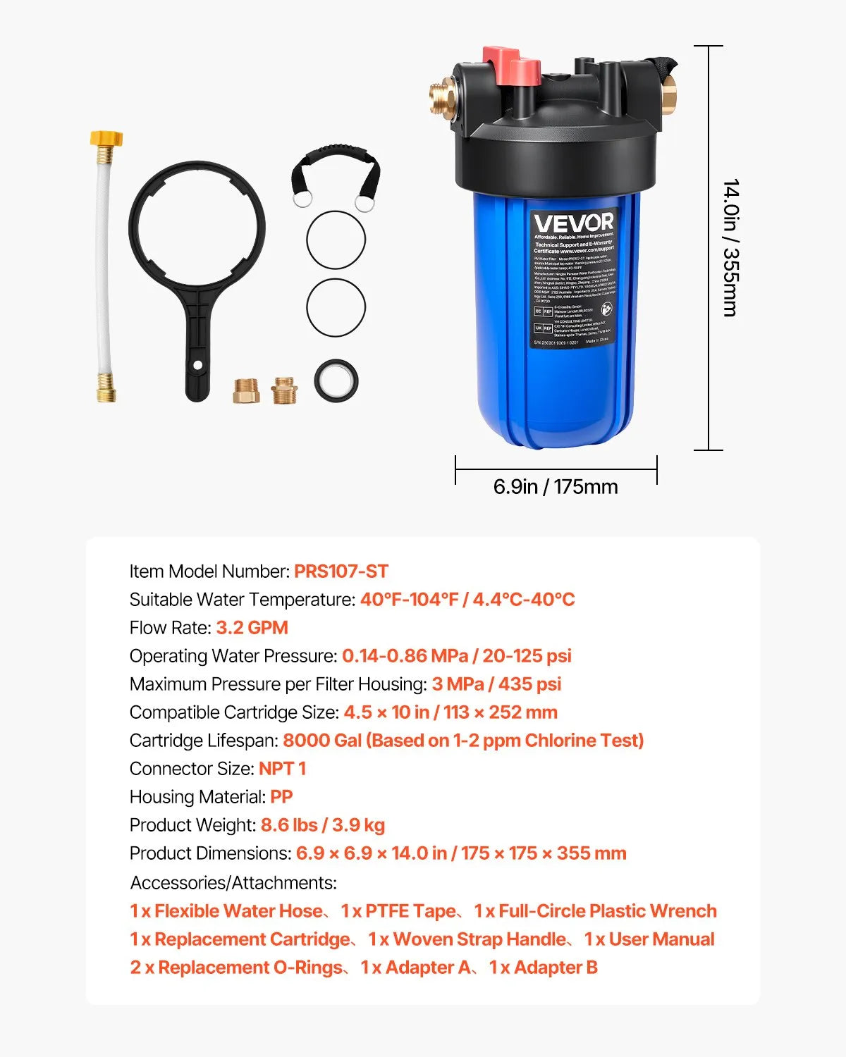 VEVOR RV Water Filter System with Replaceable Cartridge for Clean Water RV Boat
