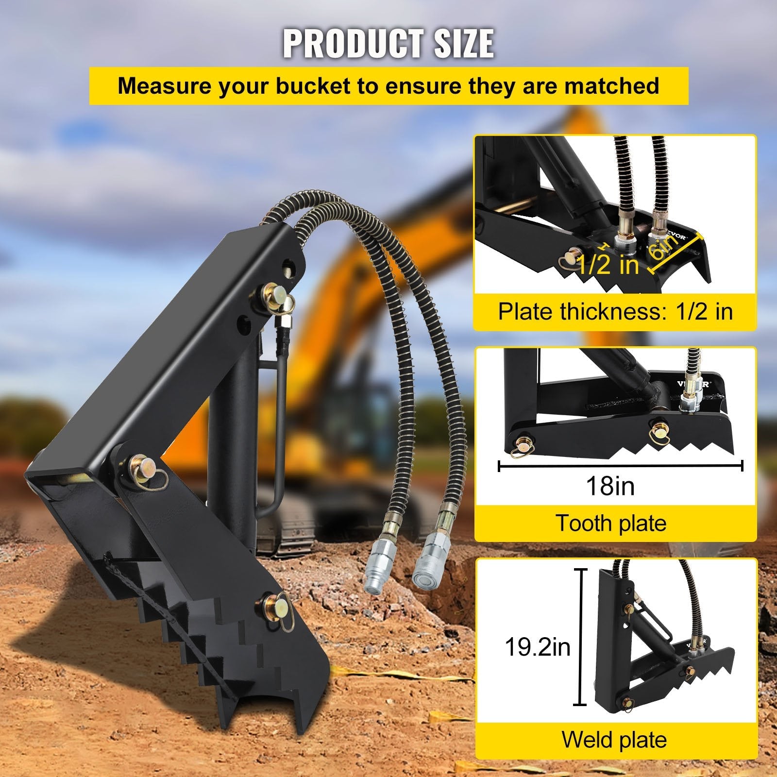 VEVOR 18" Hydraulic Backhoe Thumb, 1/2" Thickness Heavy Duty Excavator Thumb, Black Steel Weld On Thumb Attachments with Hydraulic Cylinder, Mechanical Hydraulic Thumb for Backhoe/Excavator 