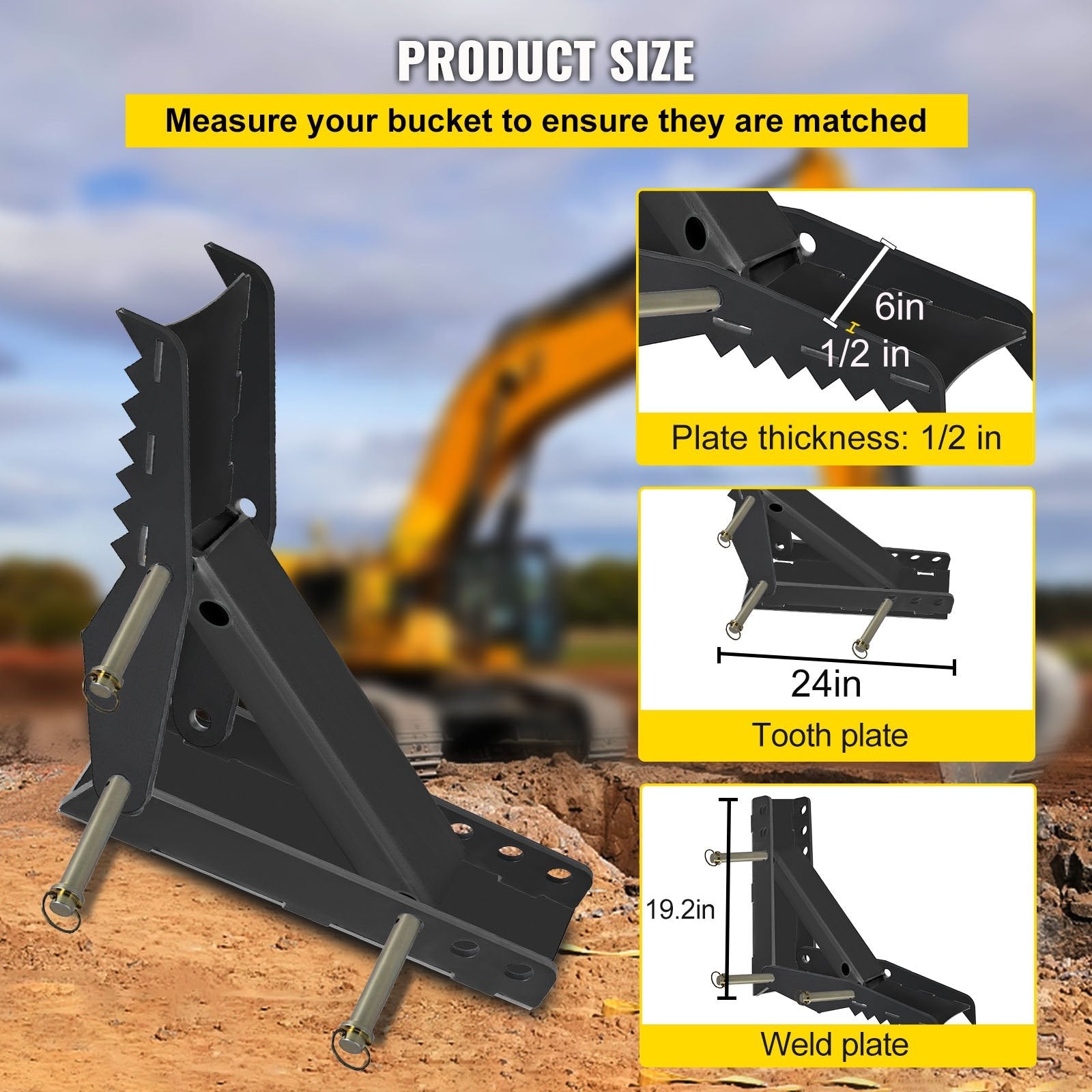 VEVOR Backhoe Excavator Thumb DIY Backhoe 24 inch Backhoe Excavator Thumb Attachments Weld 1/2 Inch Teeth Thick Steel Plate Assembly CNC Plasma Cut Bolt-On Design 