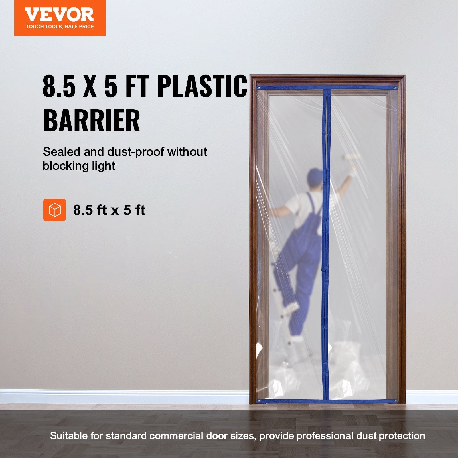 VEVOR Dust Barrier, 8.5 x 5 Ft Dust Barrier Door Kit, with Magnetic Self-Closing Zipper, PE Construction Door Cover for Dust Containment, Reusable Dust Protection Wall for Living Room Bathroom Remodel 