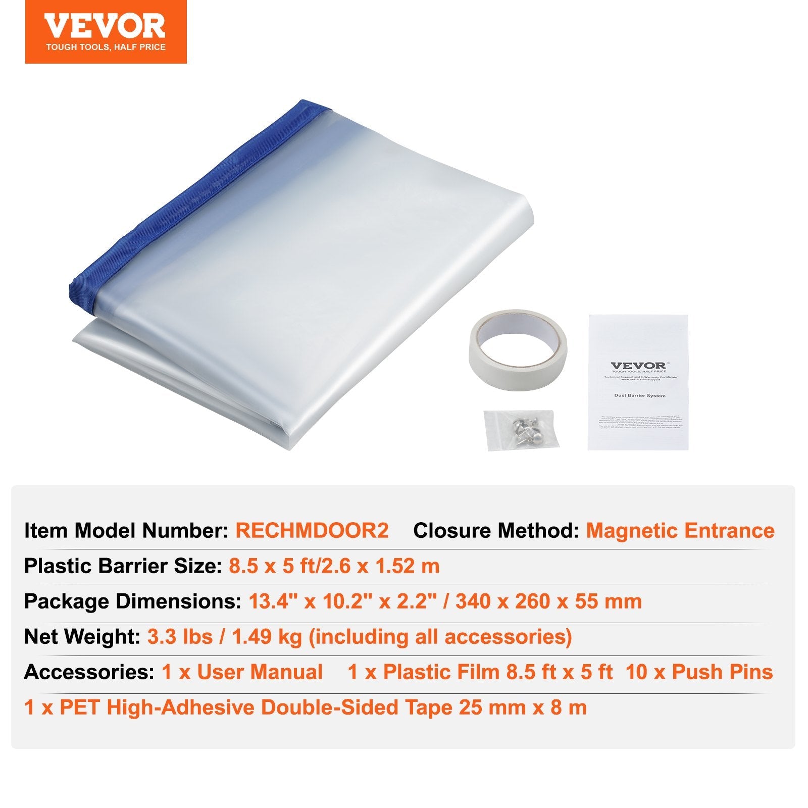 VEVOR Dust Barrier, 8.5 x 5 Ft Dust Barrier Door Kit, with Magnetic Self-Closing Zipper, PE Construction Door Cover for Dust Containment, Reusable Dust Protection Wall for Living Room Bathroom Remodel 