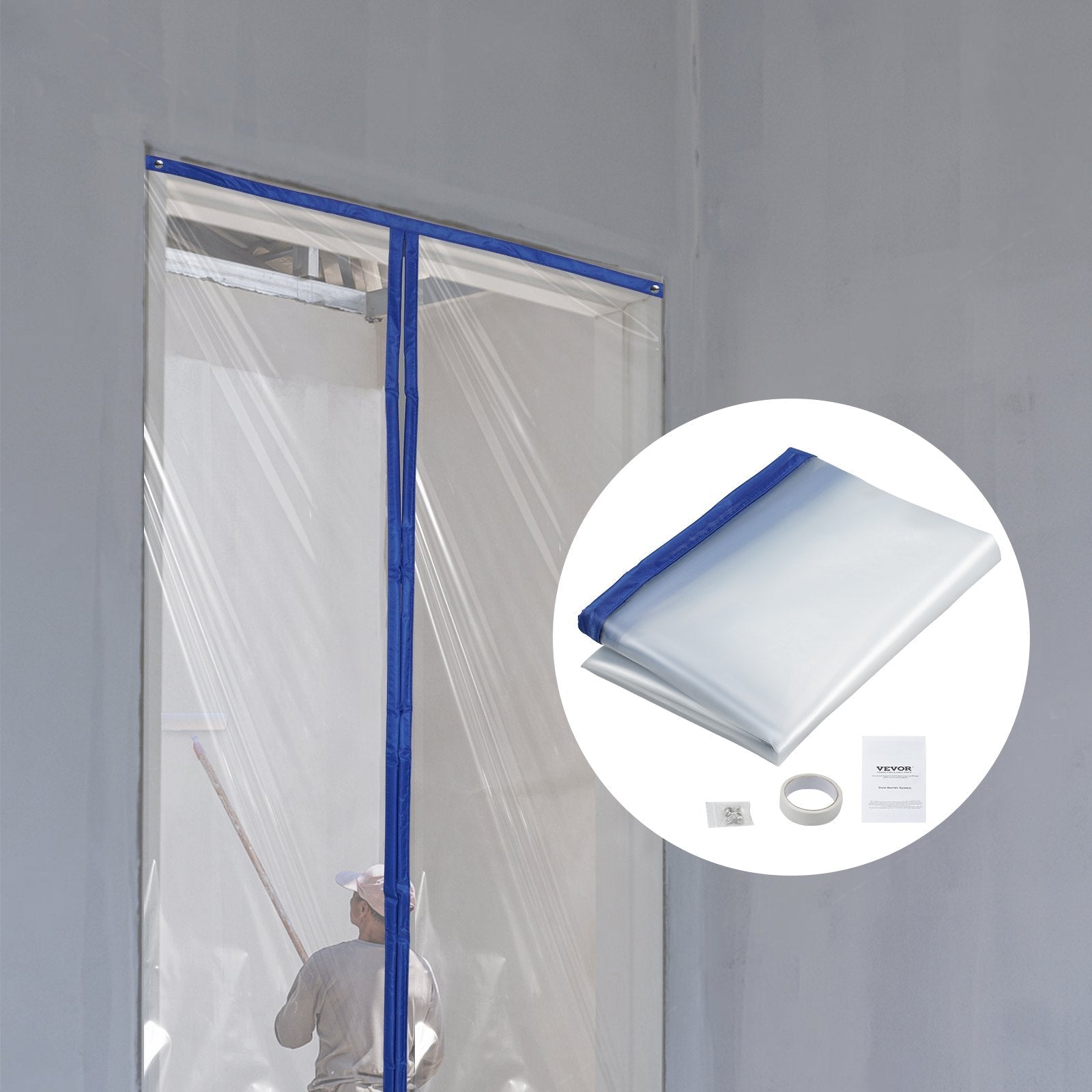 VEVOR Dust Barrier, 8.5 x 5 Ft Dust Barrier Door Kit, with Magnetic Self-Closing Zipper, PE Construction Door Cover for Dust Containment, Reusable Dust Protection Wall for Living Room Bathroom Remodel 