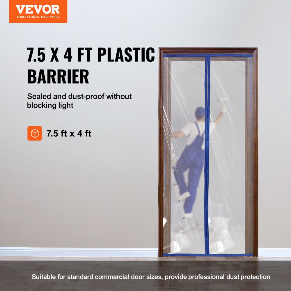 VEVOR Dust Barrier, 7.5 x 4 ft Dust Barrier Door Kit, with Magnetic Self-Closing Zipper, PE Construction Door Cover for Dust Containment, Reusable Dust Protection Wall for Living Room Bathroom Remodel 