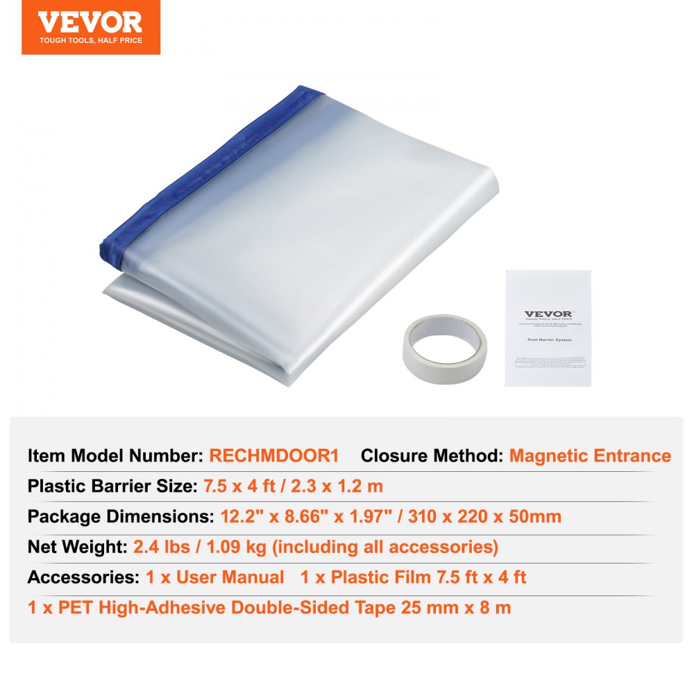 VEVOR Dust Barrier, 7.5 x 4 ft Dust Barrier Door Kit, with Magnetic Self-Closing Zipper, PE Construction Door Cover for Dust Containment, Reusable Dust Protection Wall for Living Room Bathroom Remodel 